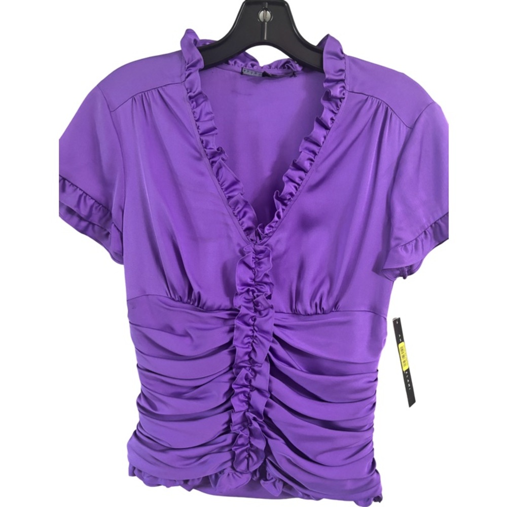 Antonio Melani Women Purple Silk Ruffle Ruched Short Sleeve Blouse - Size M